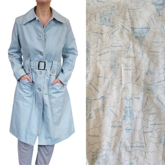 VTG 70s‎ London Fog Long Trenchcoat Light Blue Western Caribe Cloth Retro S/M